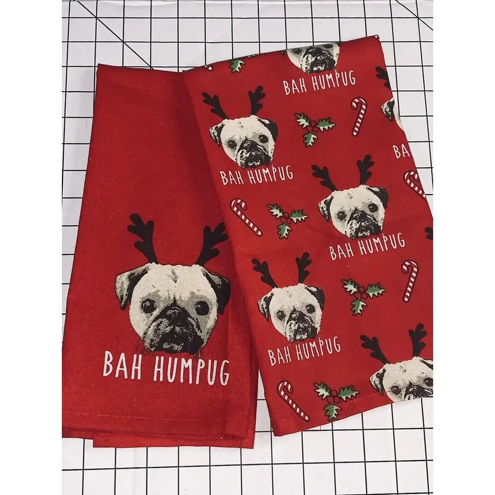 Pug Cooksmart Tea Towels Bah Humpug Cotton Unused No Tags or Pkg Red Christmas